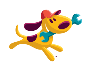 Illustration of a cheerful yellow dog in a red cap, playfully running with a blue wrench in its mouth—reflecting Fetch‑A‑Tech’s friendly, family-owned service and helpful spirit for homes throughout Las Vegas.