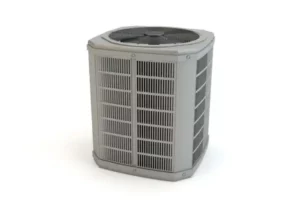 A gray residential outdoor air conditioning unit equipped with a large fan on top and vented sides for airflow.