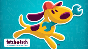 Cartoon dog wearing a red cap, holding a wrench, against a blue background with plumbing graphics. Logo reads, "fetch-a-tech Plumbing Heating Air.