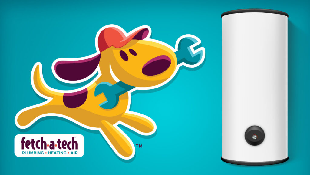 Illustration of a spotted yellow dog wearing a red cap holding a wrench next to a white water heater. Logo reads "fetch-a-tech Plumbing Heating Air." Background is teal.